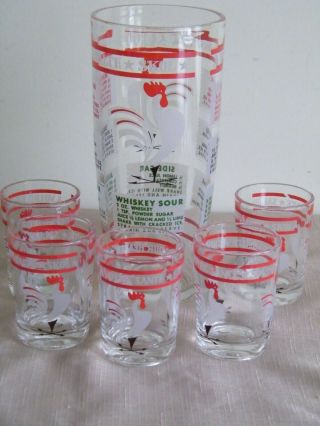 Vintage Hazel Atlas Glass Cocktail Mixer Shaker W/ Drink Recipes & 5 Glasses