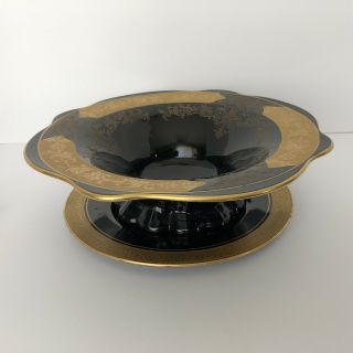 Black Amethyst Glass Footed Serving Bowl And Plate Etched Gold Gilt Elegant