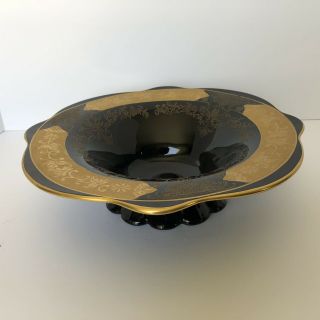 Black Amethyst Glass Footed Serving Bowl and Plate Etched Gold Gilt Elegant 2