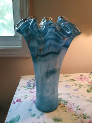 Vintage Murano Art Glass Vase Ruffled Top Turquoise & Gold Glitter 16 " H
