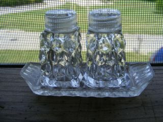 Fostoria American Individual Salt And Pepper Shakers With Glass Lids And Tray