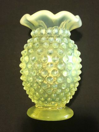Vintage Fenton Vaseline/topaz Hobnail Opalescent Miniature 4 " Vase