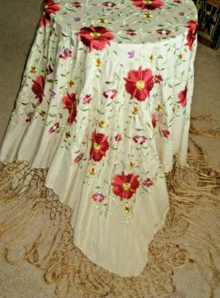 Colors Vintage Flowers Embroidered Silk Piano Shawl With Fringe