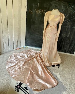 Vintage 30s Art Deco Pale Pink Satin Gown By Foga Fashion Originators Guild Xs