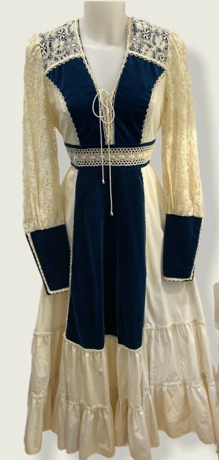 Vintage 70s Gunne Sax Cotton Blue Velvet Corset Lace Boho Maxi Dress