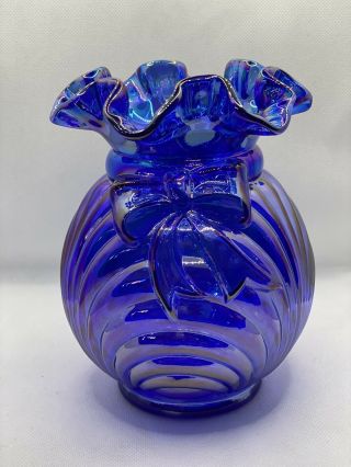 Fenton Cobalt Blue Carnival Glass Bow Vase Vintage Fenton Glass