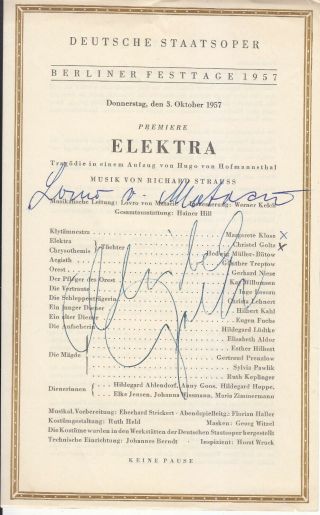 Autographed Opera Programme 1957 Berlin Christl Goltz Lovro Von Matacic Elektra