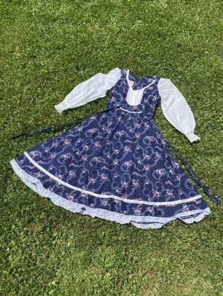 Vintage 1970s Gunne Sax Blue Calico Prairie Dress Sheer Sleeves Size 11