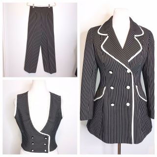 Vtg 70s Lilli Ann Paris San Francisco Black White Striped Pant Suit Vest 3pc Set