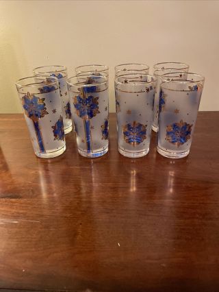 Vintage 60s Mid Century Modern Blue & Gold (8) Highball Barware Drinking Glasses