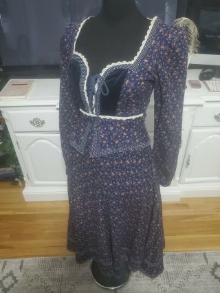 Vintage Gunne Sax Prairie Dress Cotton/velvet By Jessica W/back Tie Size Sm/ Med