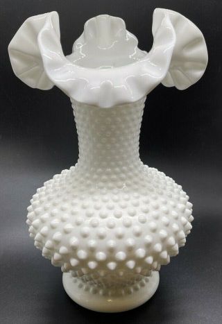 Vintage Fenton Hobnail Milk Glass Vase With Fluted & Ruffled Rim 11 "