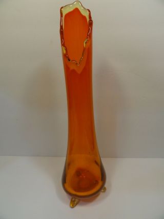 Mcm Vintage Art Glass Le Smith Three Footed Stretch Swung 12.  25” Orange Vase