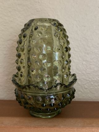 Fenton Hobnail Colonial/avocado Green Fairy Lamp Vintage