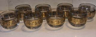 Set Of 8 Vintage Mid - Century Modern Culver Coronet Roly Poly Bar Glasses Gold
