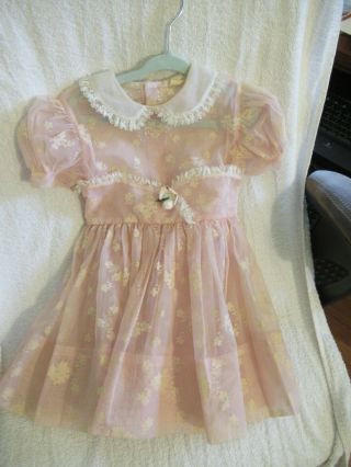 Tiny Town Togs Girls Pink And White Nylon Flocked Floral Dress Size 4 1950 