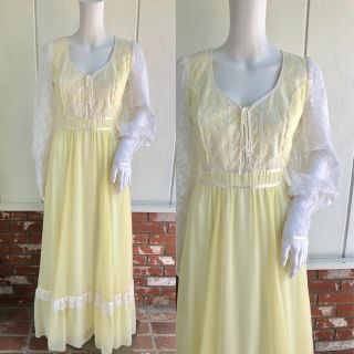 Vtg 70s Gunne Sax Yellow Lace Up Corset Lace Sleeves Mini Pearls Maxi Dress S