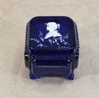 Vintage Westmoreland Glass Cobalt Blue Mary Gregory Trinket Box Artist Signed