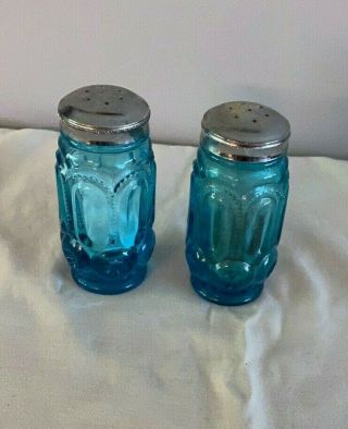 Vintage Le Smith Colonial Blue Moon & Star Salt & Pepper Shakers Set 4 " Tall