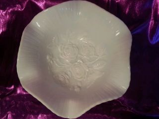 Milk Glass white fruit bowl roses floral design. 2