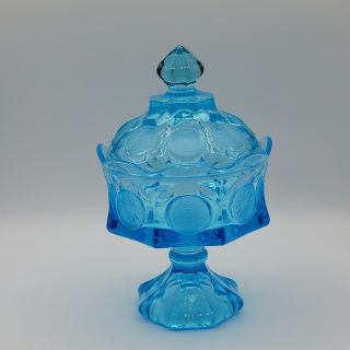 Vintage Fostoria Aqua Blue Coin Glass Covered Jar W/ Lid.