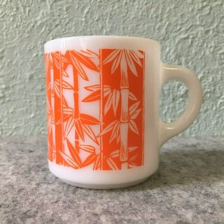 Hazel Atlas Milk Glass Platonite Mug / Coffee Cup Orange Bamboo Design Vintage