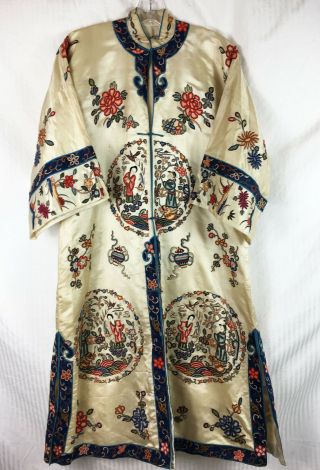 Antique Chinese Export Forbidden Stitch Medallion Robe Early 20th Flapper 20s