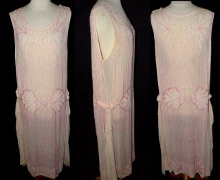 Orig Vtg 20s Flapper Pale Pink Chiffon W Bright Pink & White Deco Beaded Dress