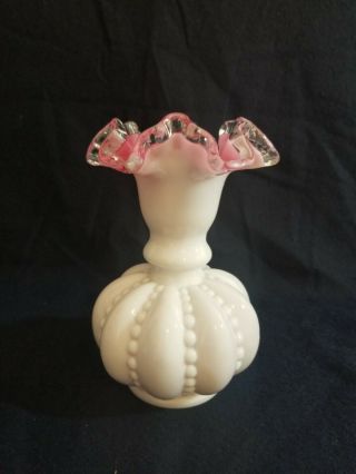 Vintage Fenton Silver Crest Ruffled Crimped Vase Pink And White
