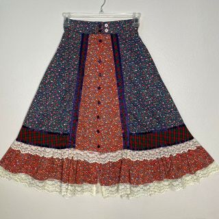 Vtg 70s Gunne Sax Skirt Calico Floral Plaid 9 Red Patchwork Jessica 