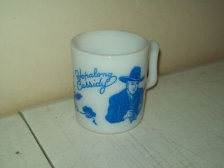 Vintage Hopalong Cassidy Mug Blue Print White Milk Glass Western Tv Movie Star