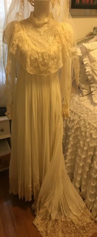 Vtg 70’s Victorian Edwardian Bridal Antique Ivory Lace Wedding Gown Dress & Veil