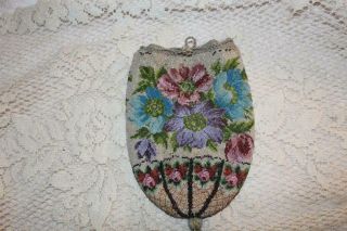 Antique Victorian Micro Beaded Crochet Drawstring Purse Floral Flowers
