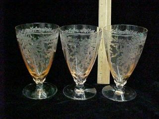 Set Of 3 Vintage Fostoria June Pink Depression Glass Footed Water Goblets 8oz