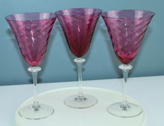 3 Vintage Theresienthal Cranberry Ruby Swirl Water Wine Goblets Stems Glass