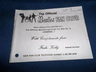 The Beatles Official Fan Club Note June 1969 National Secretary Freda Kelly