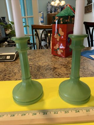 Vintage Set Of 2 Uranium Glass Taper Candle Holders