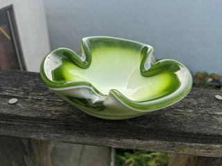 Vintage Murano Cased Art Glass Green White Candy Dish Mid Century