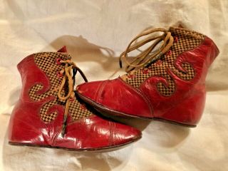 Antique Victorian Red Leather Lace Up Baby Boots Shoes Fabric Swirl Inserts