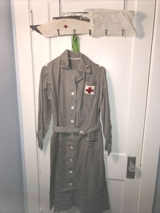 Wwii Vintage 40s American Red Cross Uniform Volunteer Nurse Military Dress & Hat