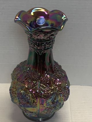 Vintage Imperial Loganberry Glass 10 " Vase Grape Pattern Iridescent Blue Gold