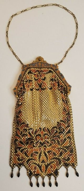 Antique Mandalian 1920s Flapper Enameled Beaded Mesh Chainmail Purse With Lining
