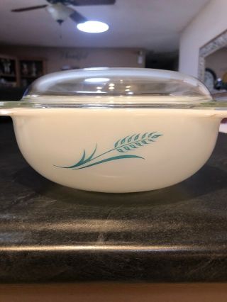 White Pyrex Bowl With Blue Wheat Design Promotional 023 1.  5 Quart Vintage