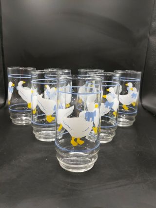 6 Vtg 5¾” Tall Drinking Glass Country Goose Geese Duck Blue Ribbon Bow