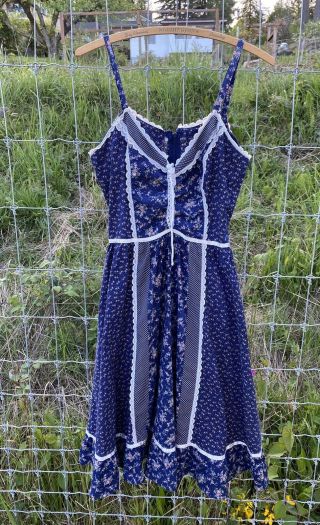 Vtg 1970’s Gunne Sax Prairie Calico Blue Cottage Core Dress S/m Hippie Festival