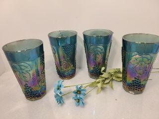4 Vintage Indiana Iridescent Carnival Glass Blue Harvest Grape Coolers/tumblers