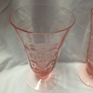 Vintage Etched Pink Depression Glass Set Of 3 Footed Juice Glasses