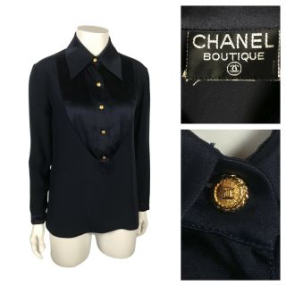 Vintage Chanel Blouse / Designer Navy Blue Silk Button Up Blouse Shirt / Small