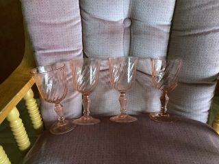Set Of 4 Vintage Pink Depression Glass Swirl Wine Glasses 6 3/8 " Tall Goblets
