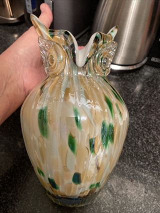 Art Glass Owl Vase.  Greens And Gold Flecks Running Through It.  Nine Inches High